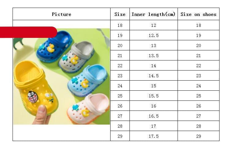 Colorful children's shoes with a size chart on a yellow background