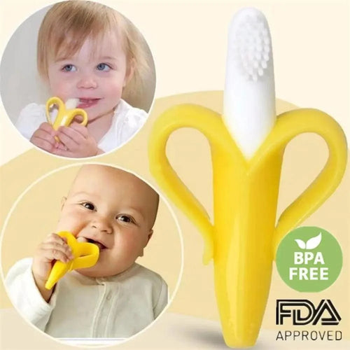 A yellow and white silicone baby teether shaped like a banana, shown alongside circular inset photos of a baby and toddler using it. The image includes a green 'BPA FREE' badge and an 'FDA APPROVED' mark on a pale beige background.