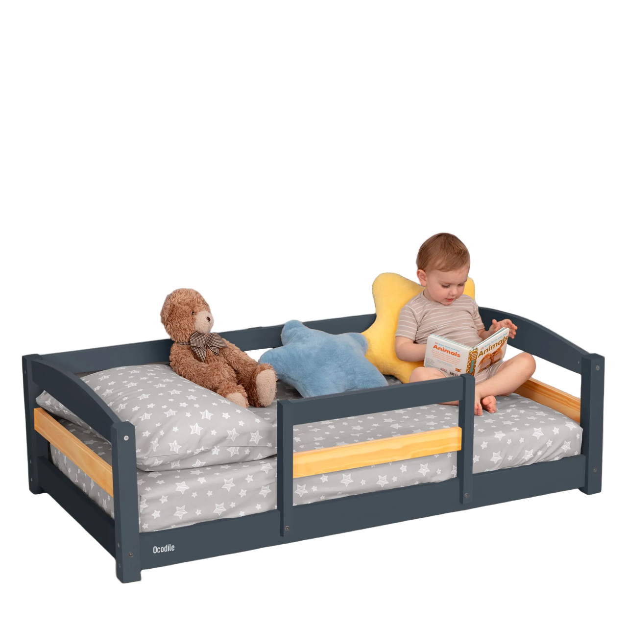 Toddler Bed with Full Safety Rails — Pine & Birch Wood, Fits Standard Crib Mattress