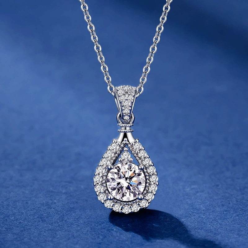 S925 Moissanite Teardrop Halo Pendant Necklace | VVS1 D-Grade 1–5ct