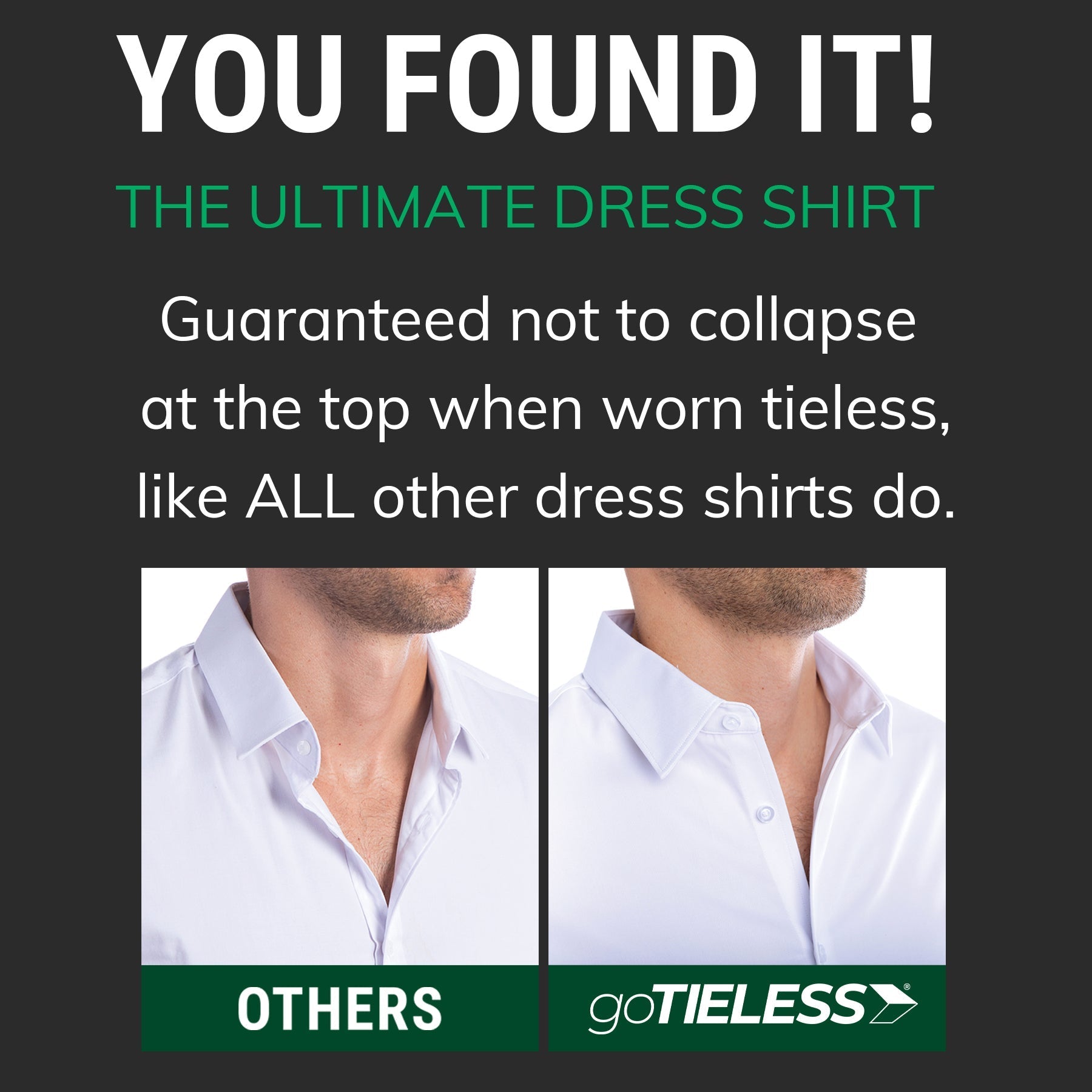 Advertisement for a dress shirt guaranteed not to collapse at the top, featuring a comparison with 'Others'.