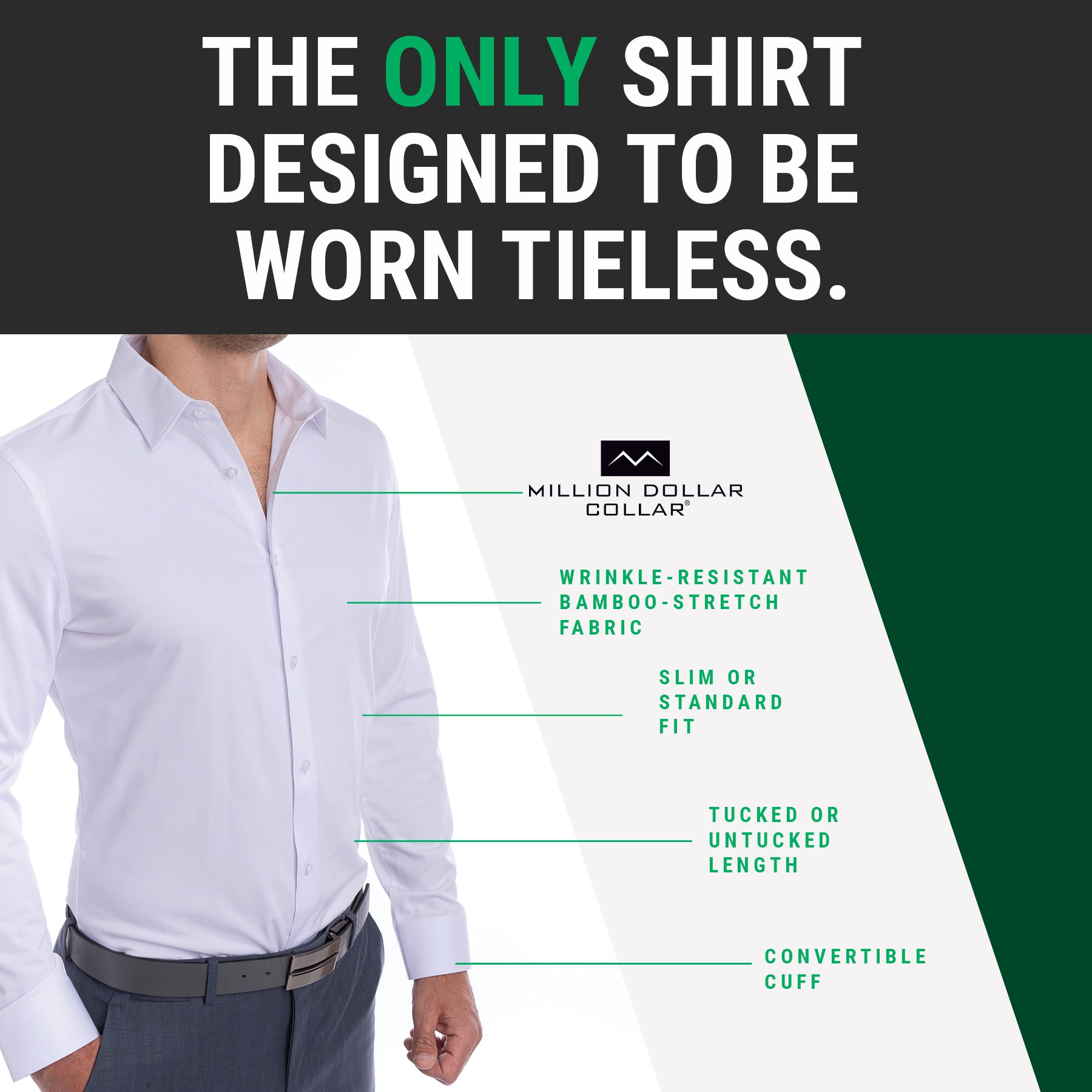 White shirt with text about being 'tieless' and shirt features on a white background