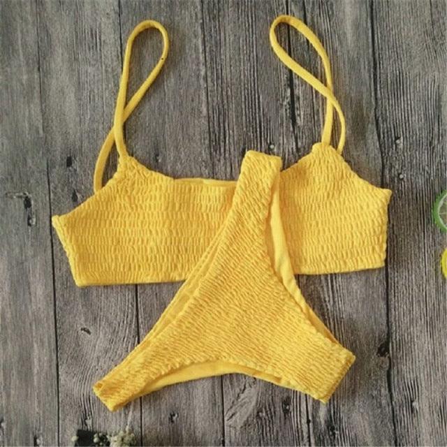 Push-Up Pleated Bikini Set – Padded Bra Two-Piece Swimsuit for Women