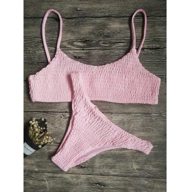 Push-Up Pleated Bikini Set – Padded Bra Two-Piece Swimsuit for Women