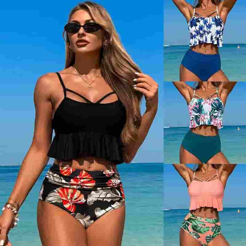 Floral Ruffled High-Waisted Bikini – Sleeveless Two-Piece Swimsuit for Women
