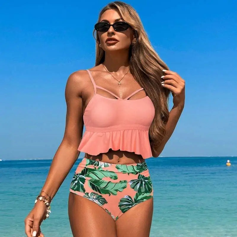 Floral Ruffled High-Waisted Bikini – Sleeveless Two-Piece Swimsuit for Women