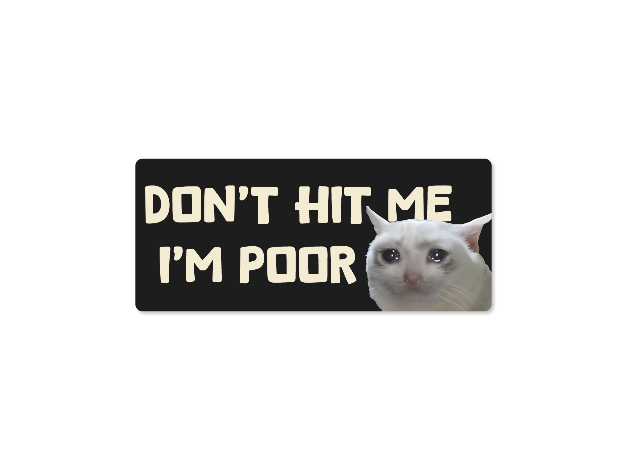 Sticker with a cat and text 'Don't hit me I'm poor' on a black background