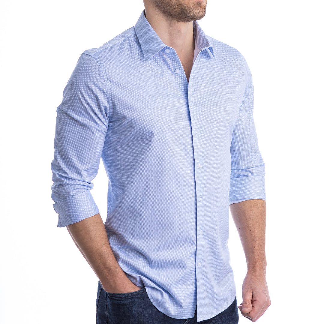 Light blue dress shirt worn by a person on a white background