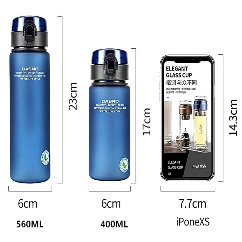 Blue water bottles with measurements and a smartphone displaying product images.
