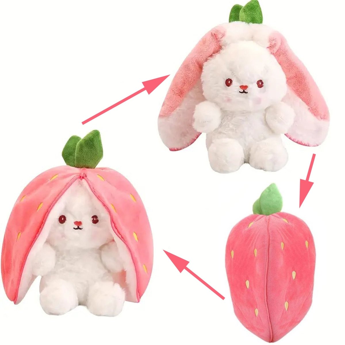 Plush toy that transforms from a strawberry to a bunny, with arrows indicating the transformation.