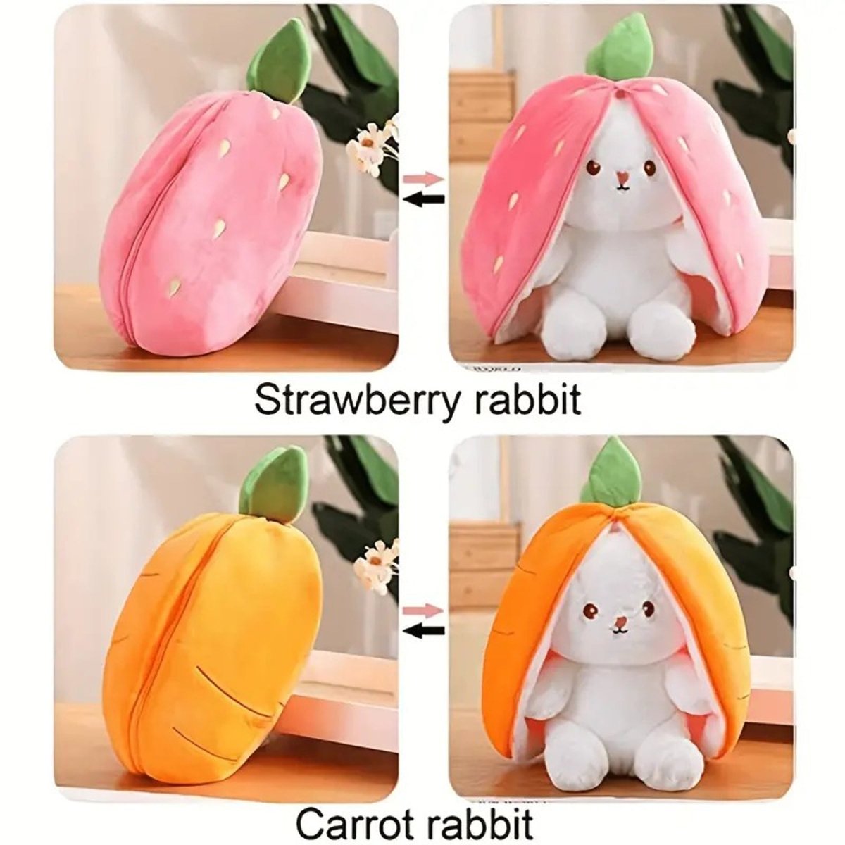 Two plush toys shaped like a strawberry and a carrot with rabbit faces, on a wooden surface.