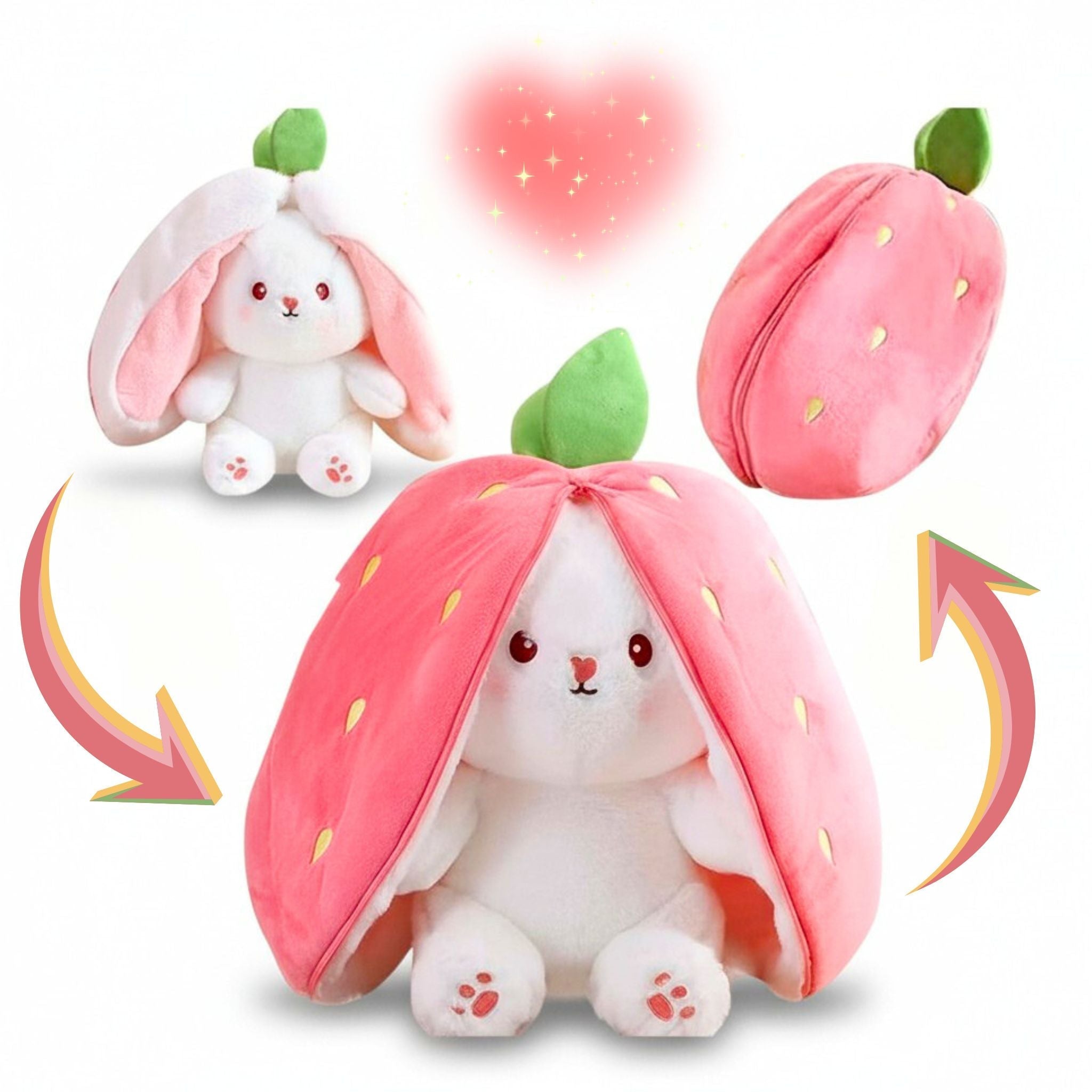 Plush toy with strawberry shell, showing both closed and open states on a white background.