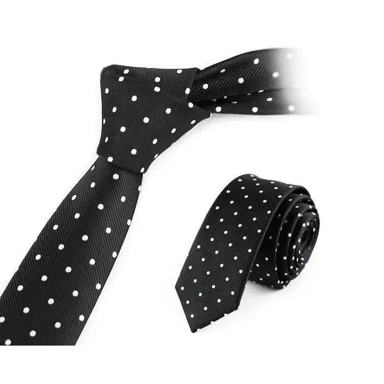 Black tie with white polka dots on a white background