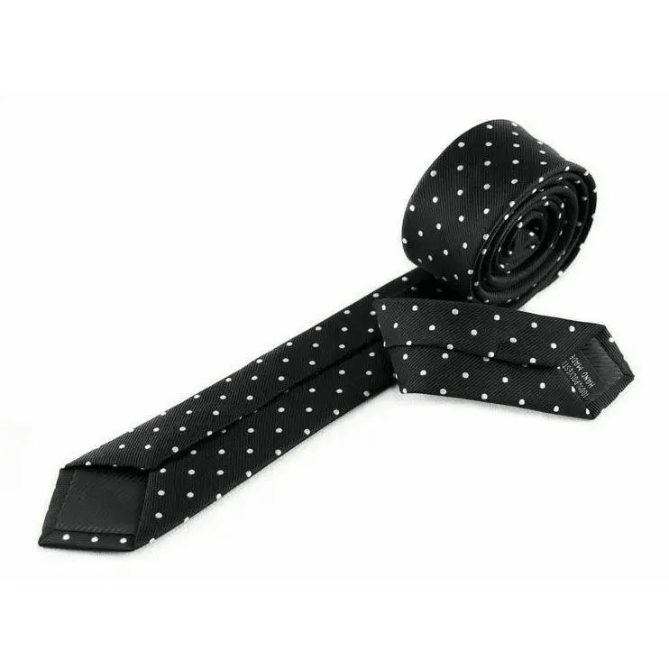 Black tie with white polka dots on a white background