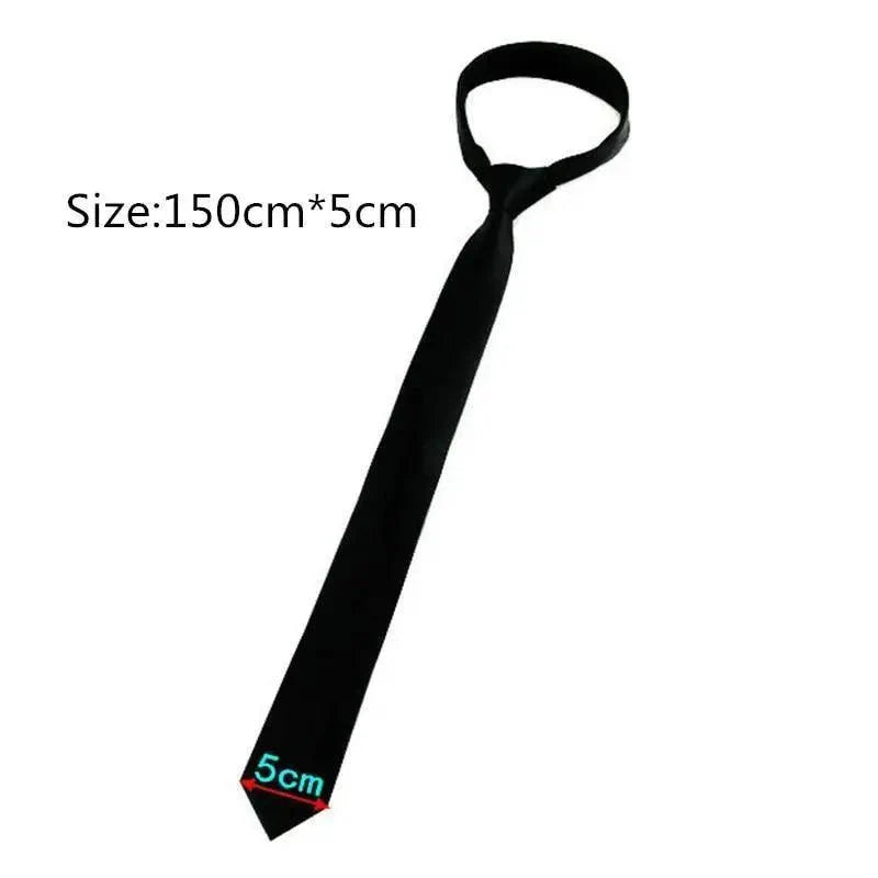 Black necktie with size label on a white background