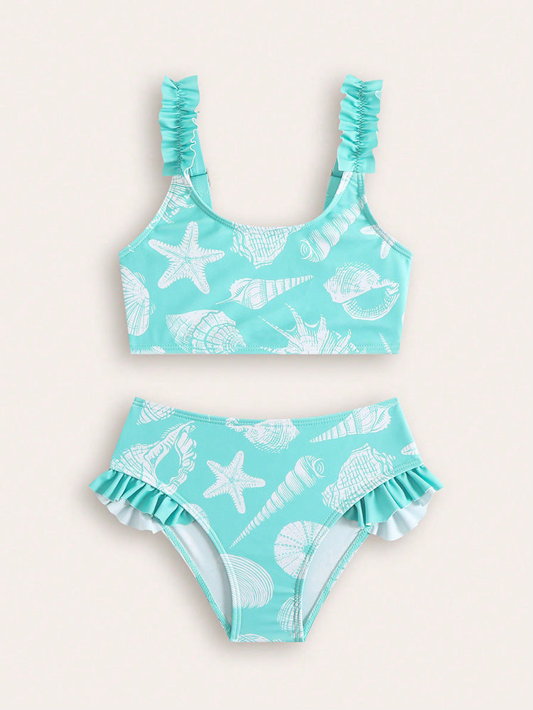 Mädchen hellblaues Badeanzug-Set mit Blumenmuster | Polyester & Spandex | Alter 4–8
