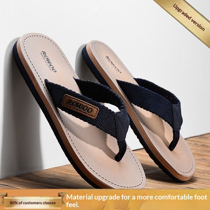 Pair of navy blue sandals with a brand label on a wooden surface.