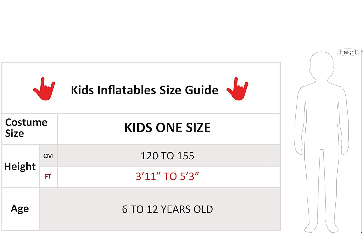 Size guide for kids inflatables with height, age, and costume size information.