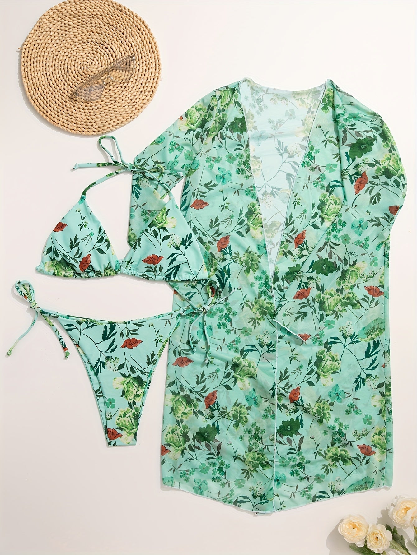 Floral Three-Piece Bikini Set – V-Neck, Cover-Up, Removable Padding