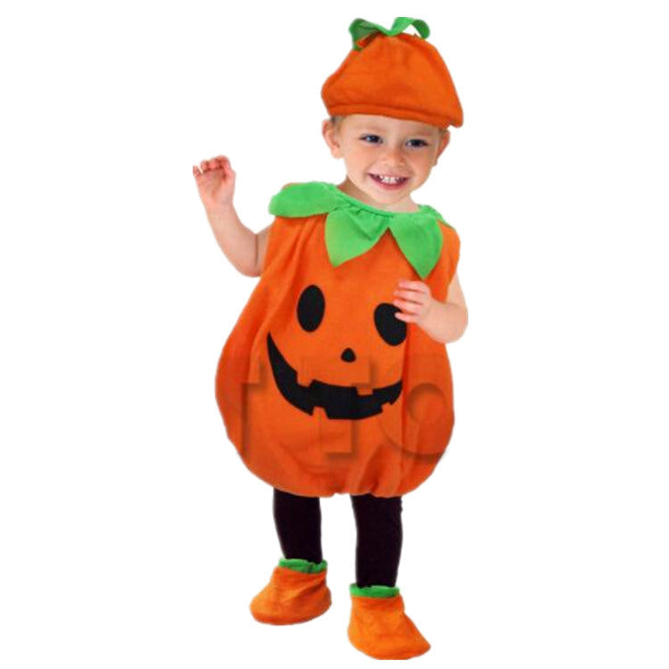 Child wearing a pumpkin costume on a white background