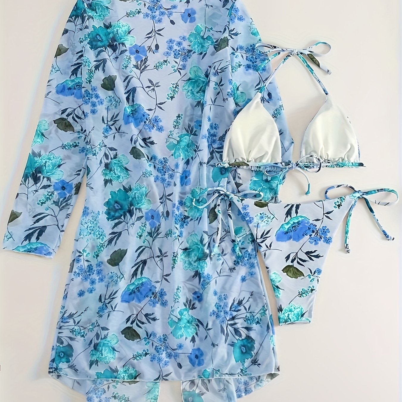 Floral Three-Piece Bikini Set – V-Neck, Cover-Up, Removable Padding