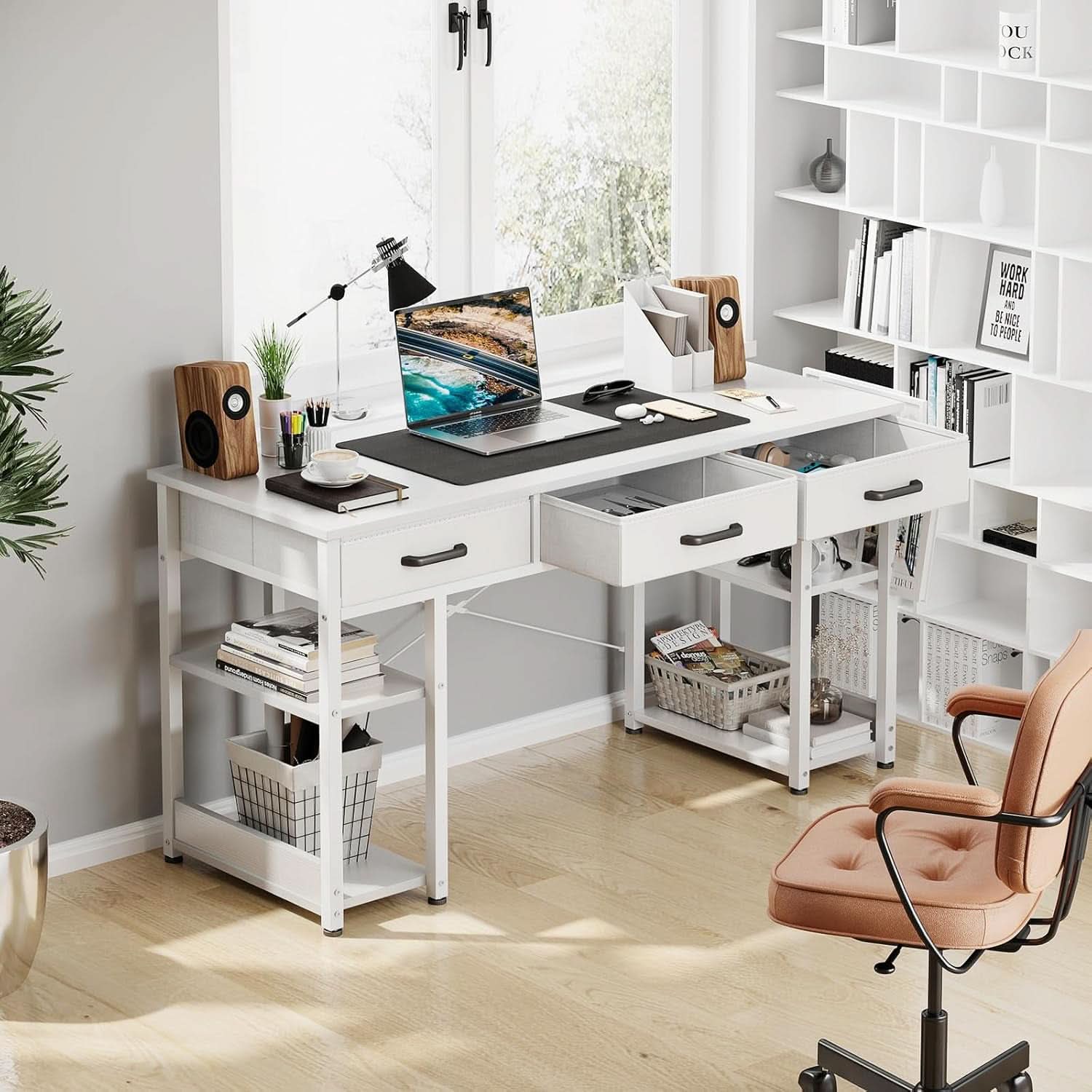 48-Inch White Contemporary Desk with Drawers – Modern Home Office & Study Computer Desk