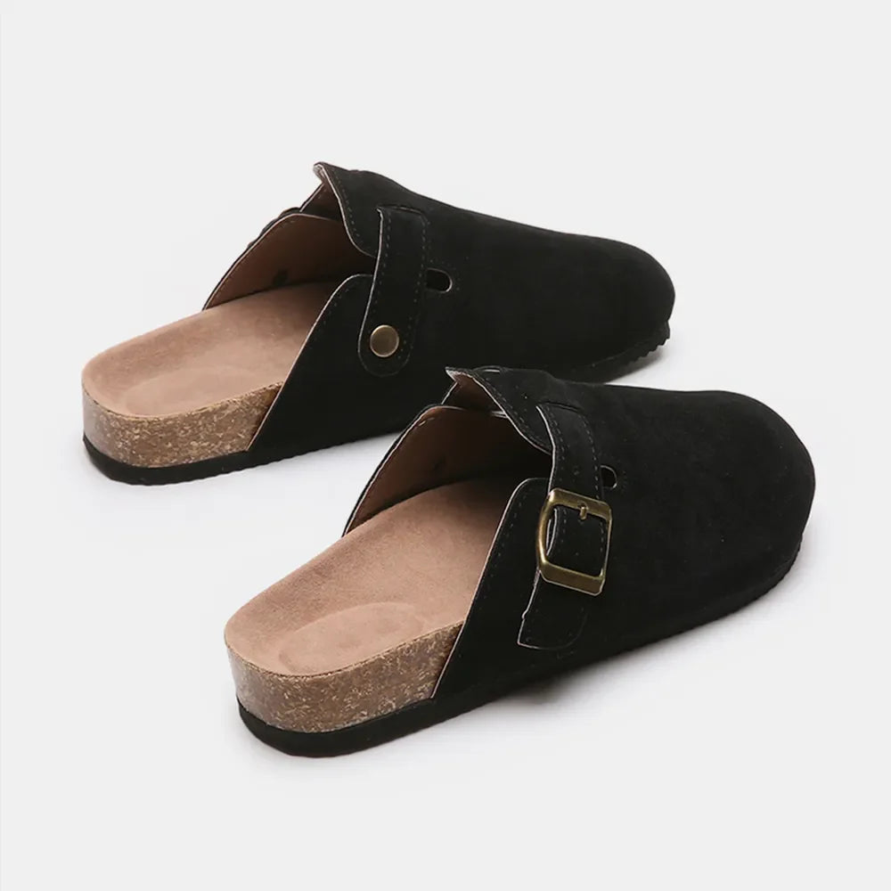 Suede Closed-Toe Buckle Slide – Faux Suede Flat Sandal