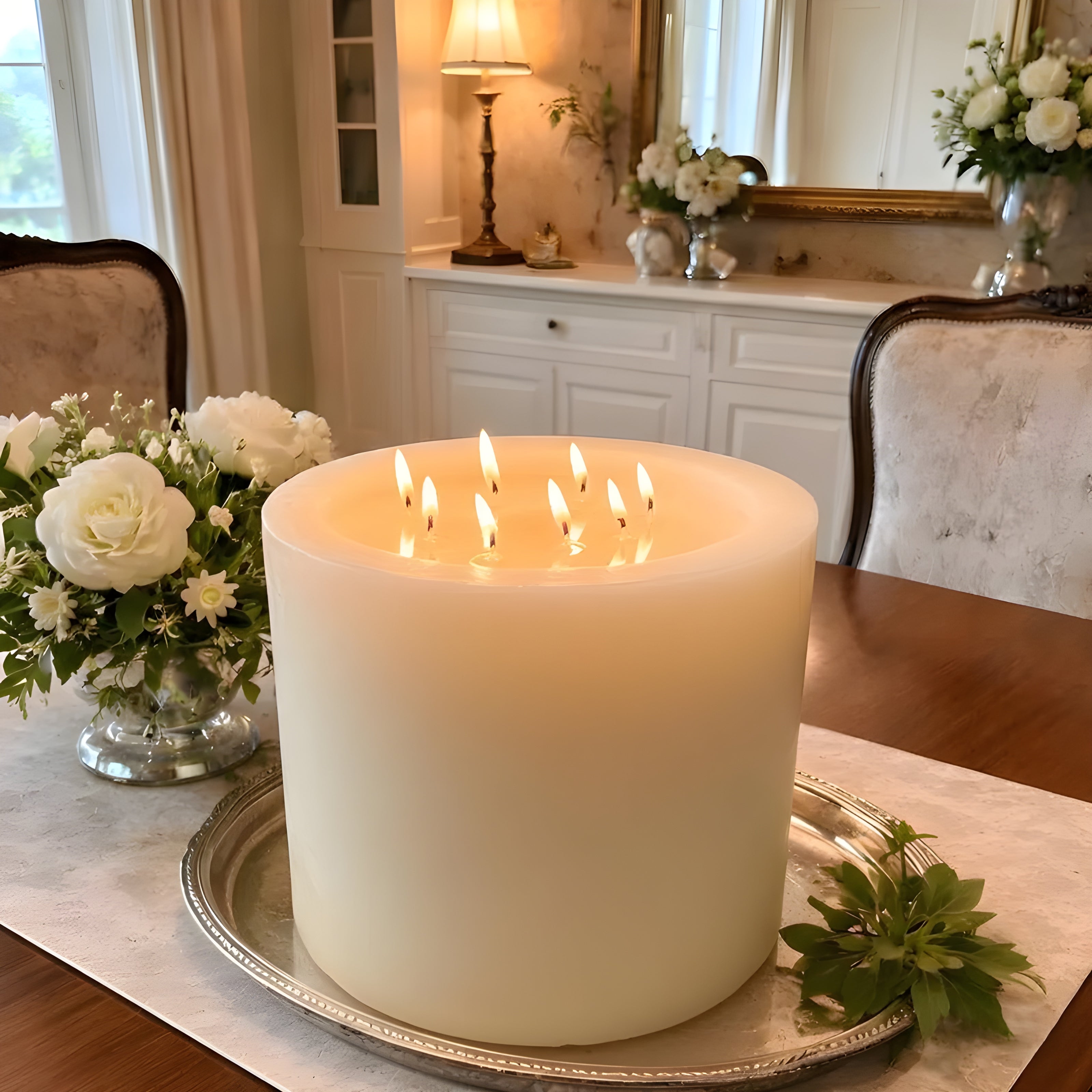 Large lit candle on a table with floral arrangements in a home setting