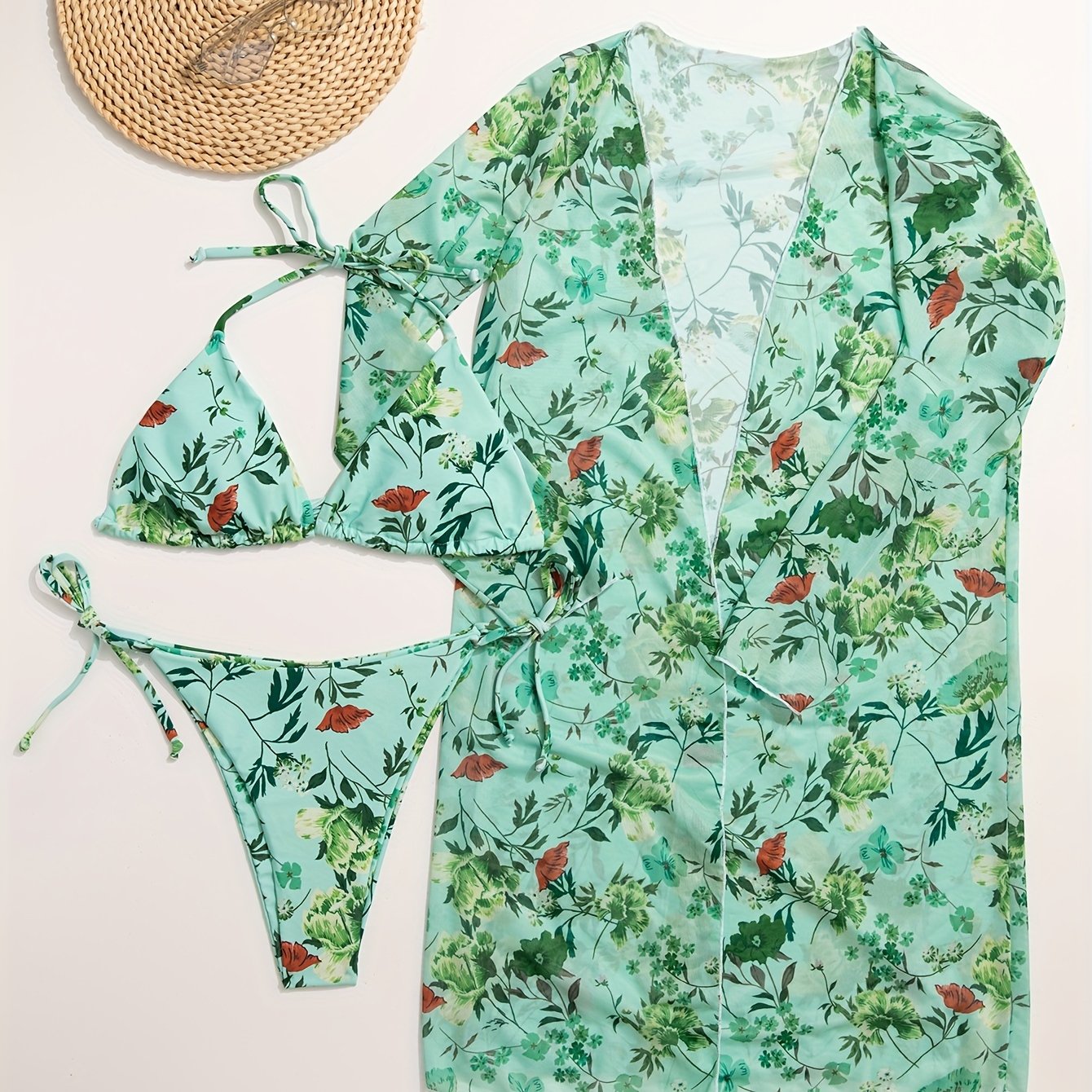 Floral Three-Piece Bikini Set – V-Neck, Cover-Up, Removable Padding