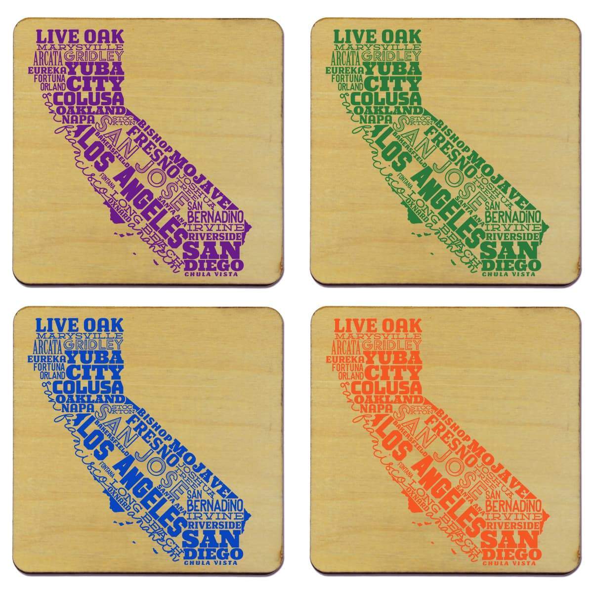 Four wooden coasters with a colorful California map design on a wooden surface.