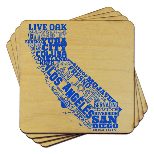 Stack of coasters with blue text on a beige background