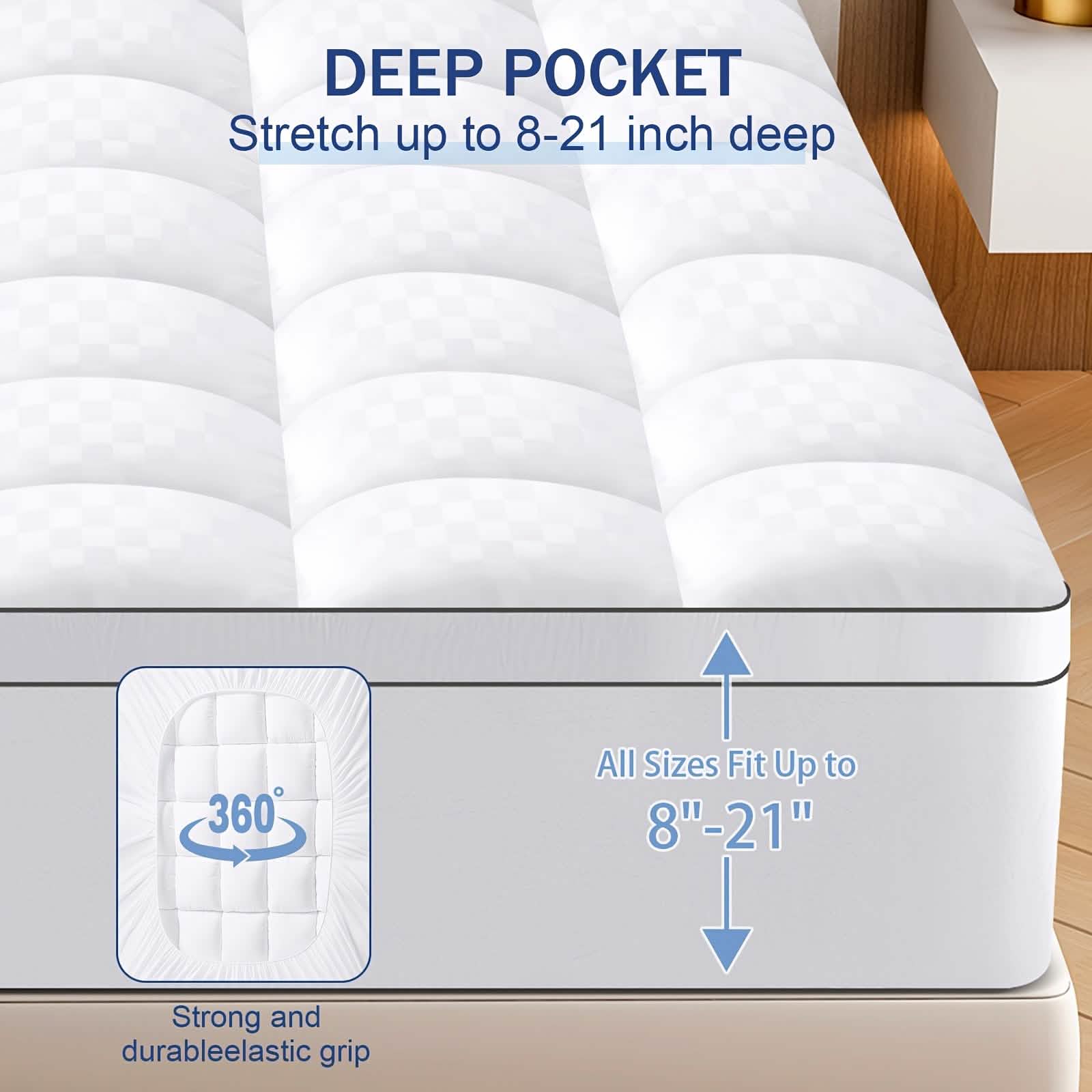 Extra Thick Mattress Topper — 1200GSM Cotton Fill, Cooling, 8–21" Deep Pockets | Twin–Cal King