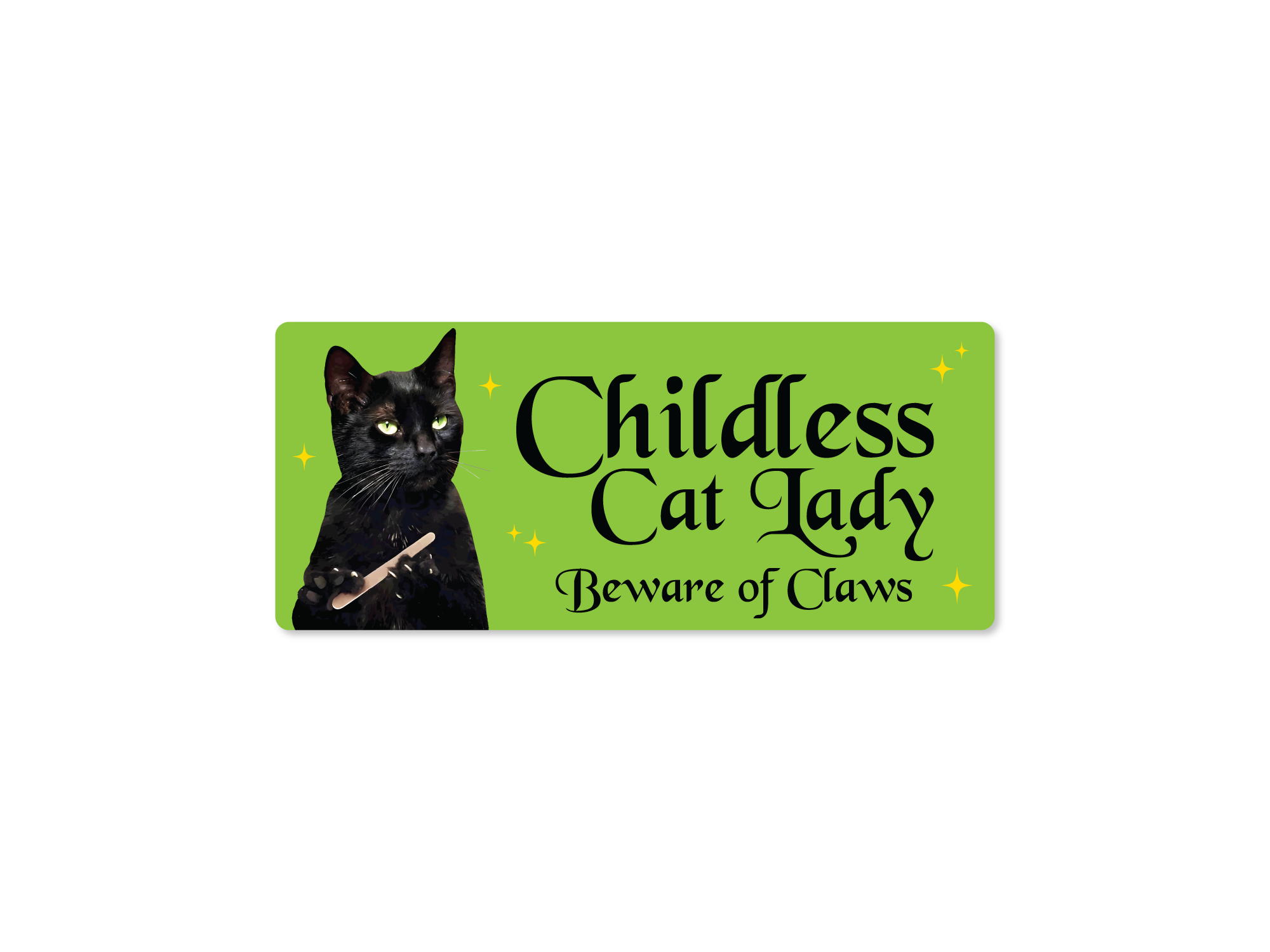Sticker with a black cat illustration and text 'Childless Cat Lady Beware of Claws' on a green background.