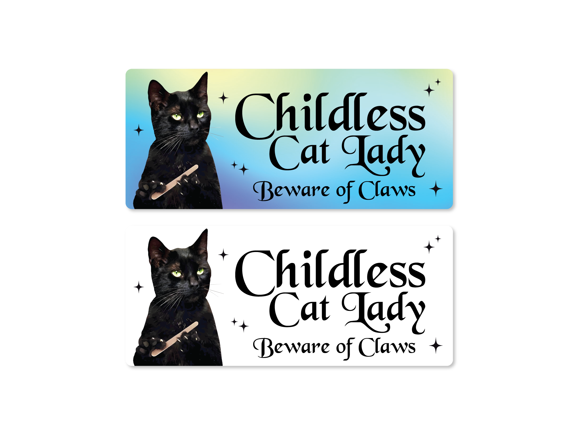 Two stickers featuring a black cat and text 'Childless Cat Lady Beware of Claws' on a gradient background.