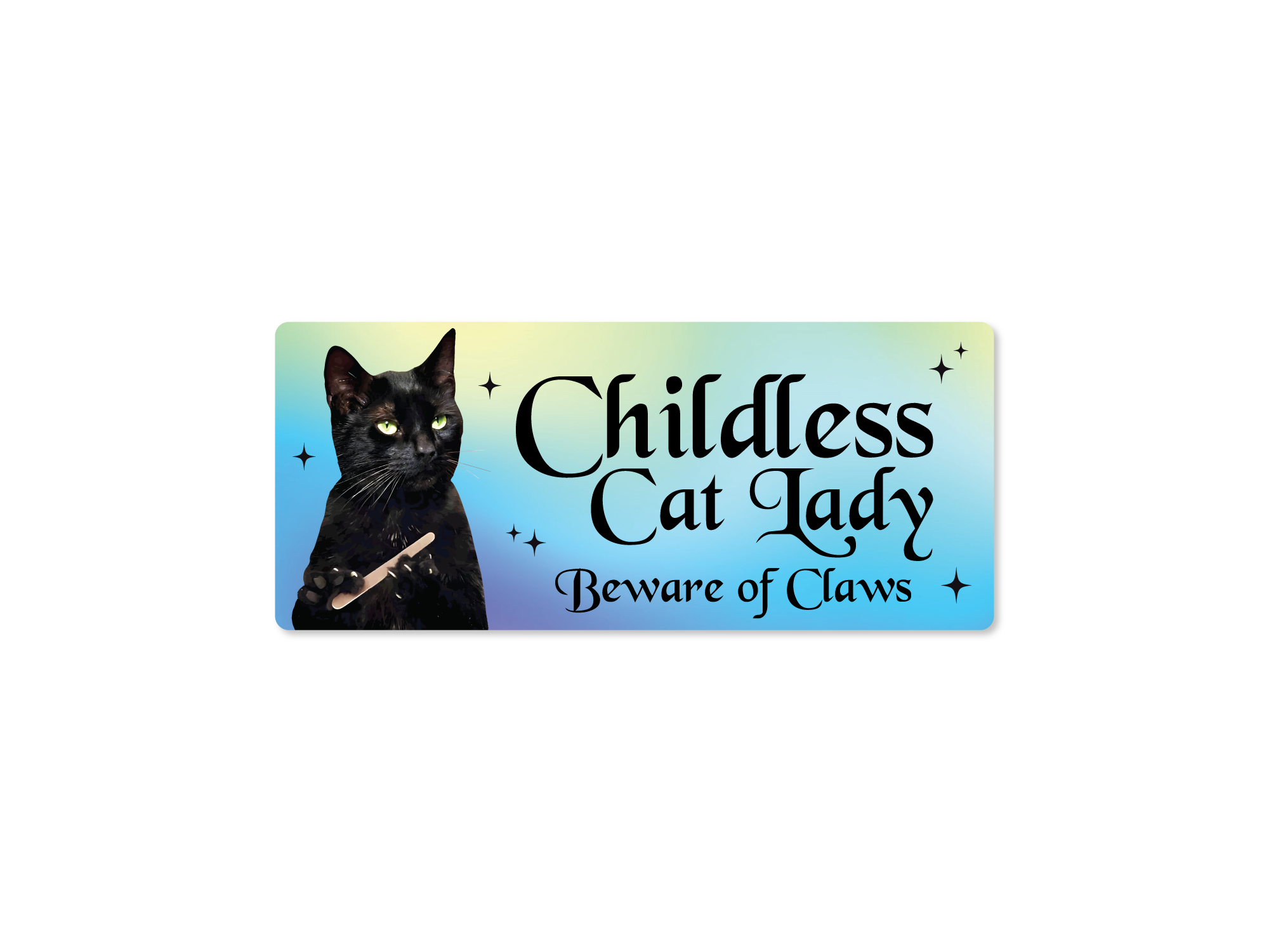Bumper sticker with a black cat graphic and text 'Childless Cat Lady, Beware of Claws' on a gradient background.