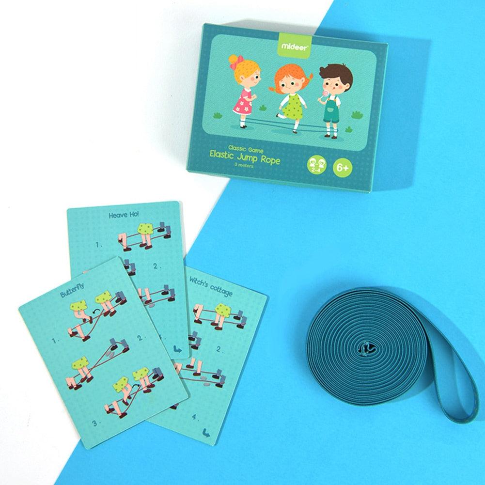Elastic jump rope set with cards and packaging on a blue background