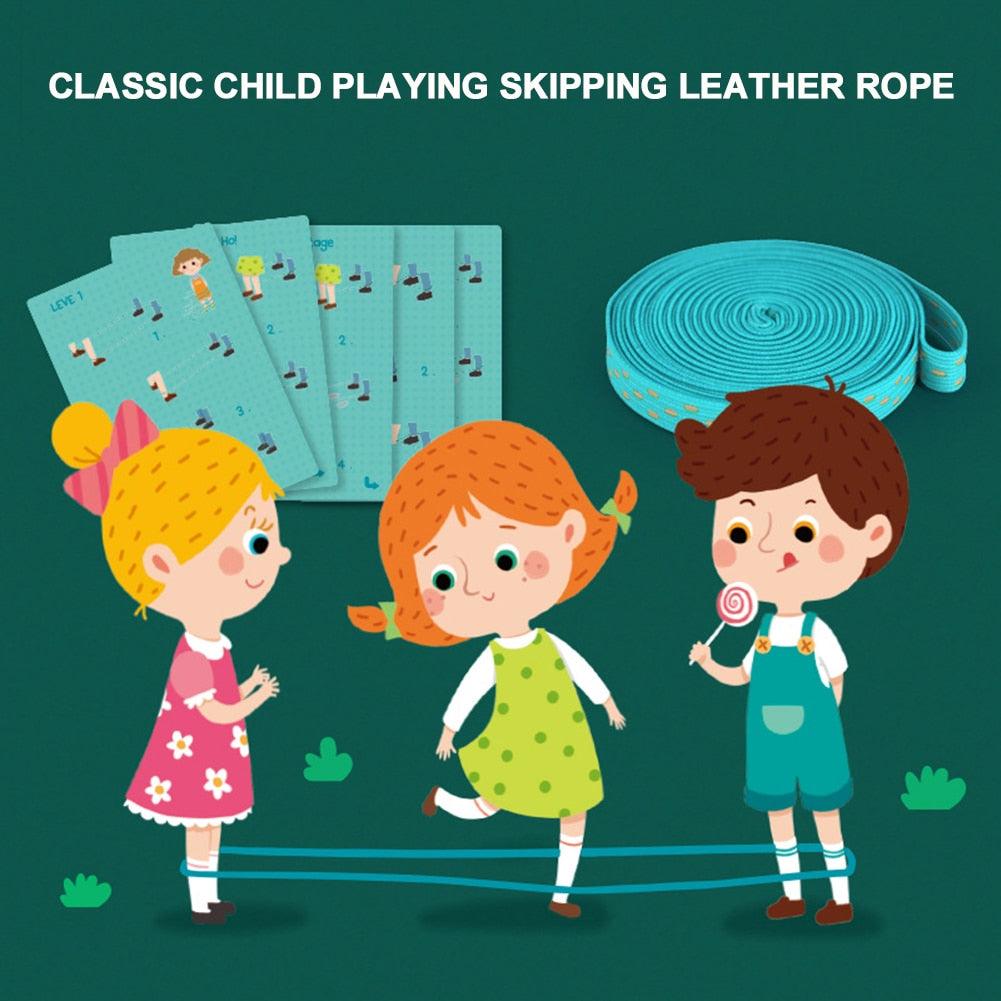 Illustration of children playing with a skipping rope on a green background
