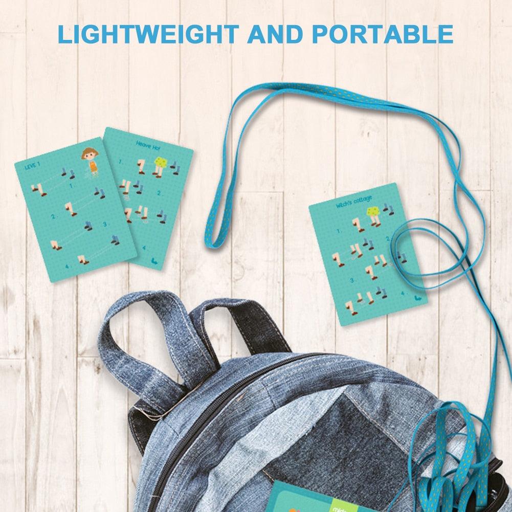 Blue cards with a strap and denim bag on a wooden surface, emphasizing portability.