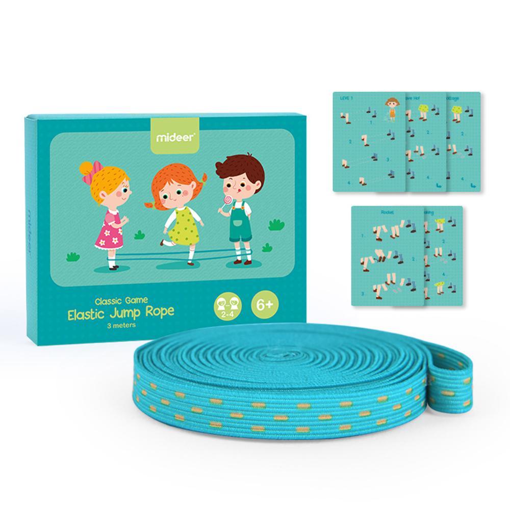 Turquoise elastic jump rope with packaging featuring illustrations of children on a white background