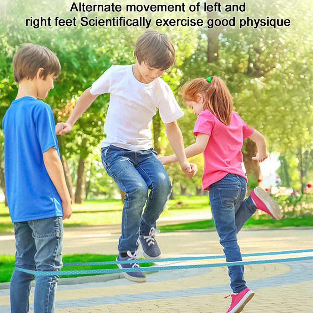 Children playing on a slackline in a park with text about alternate movement of feet for exercise.