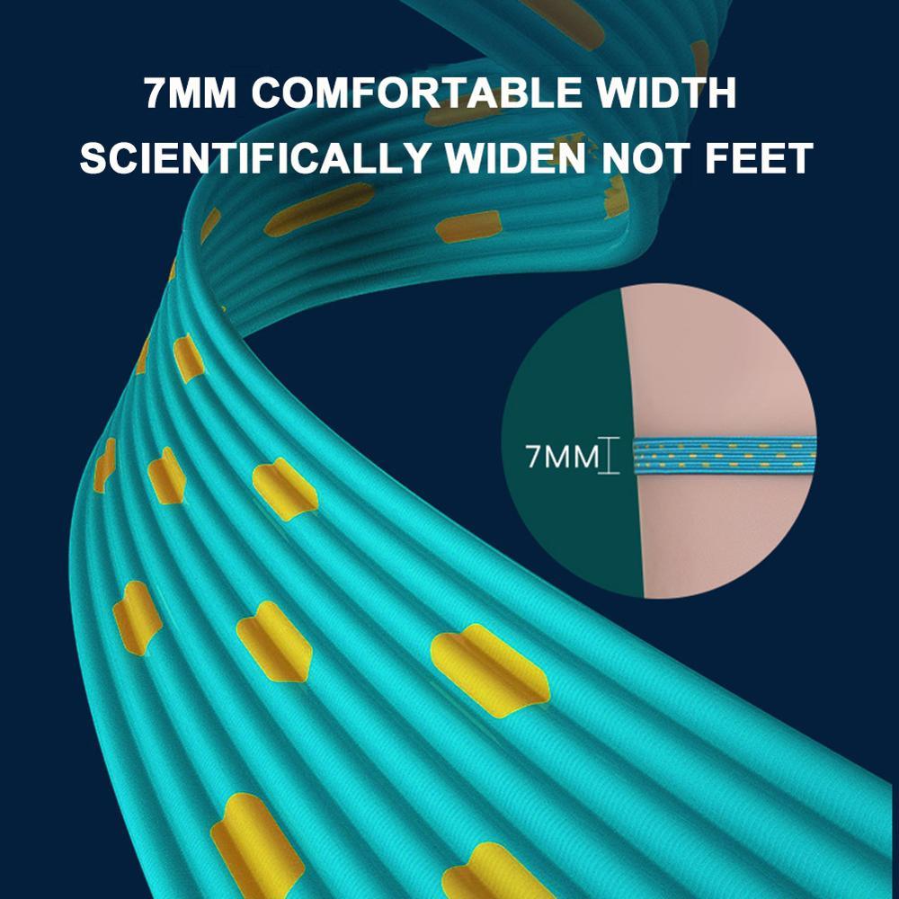 Teal shoelace with yellow dots on a dark blue background, featuring text about shoe lace width.