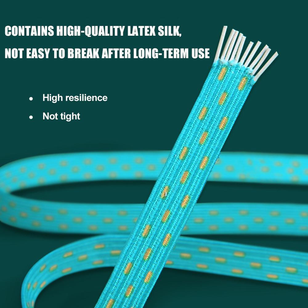 Turquoise cord with gold accents on a dark green background, featuring text about high-quality latex silk.