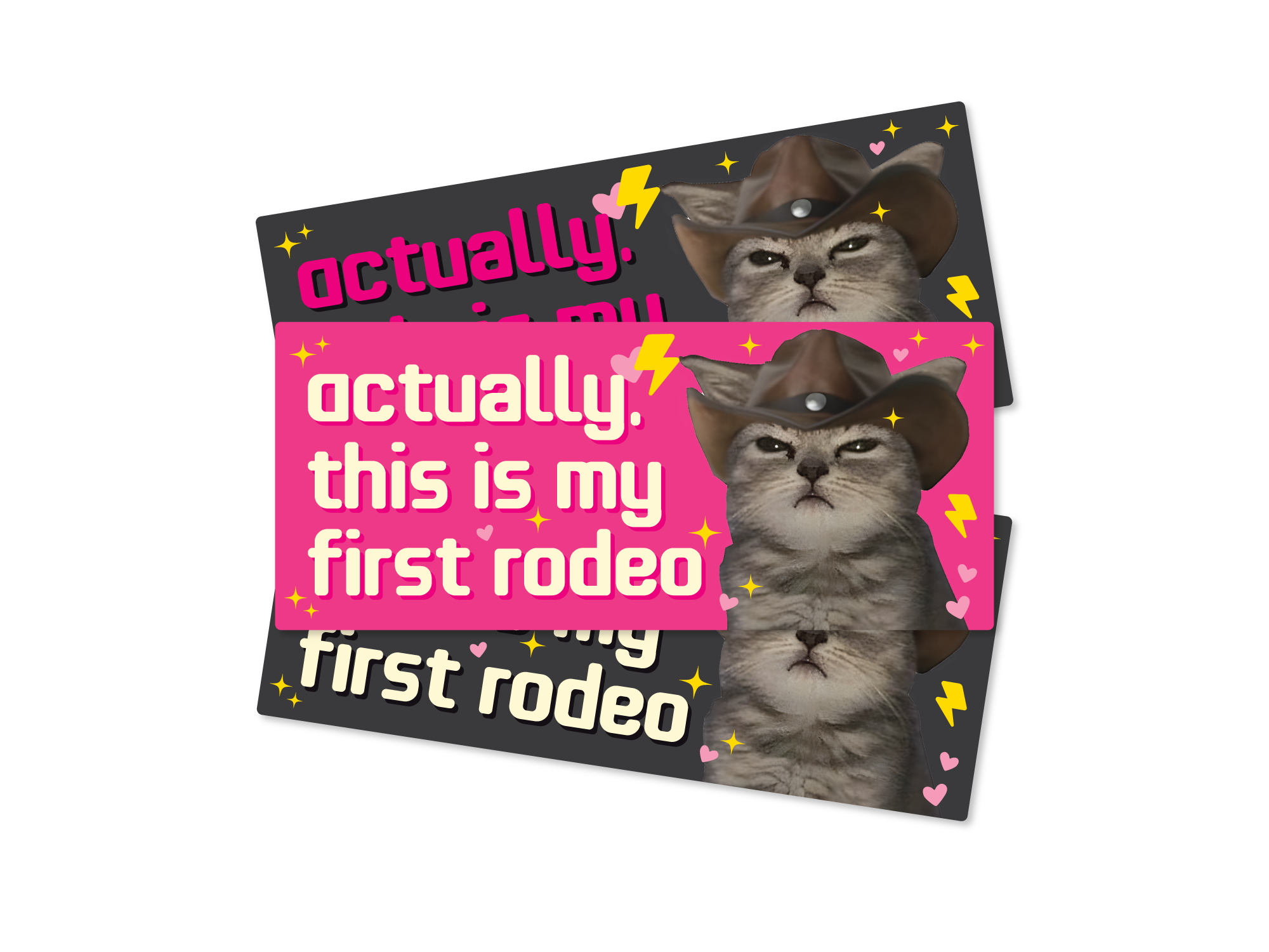 Two stickers with a cat wearing a cowboy hat and text on a white background