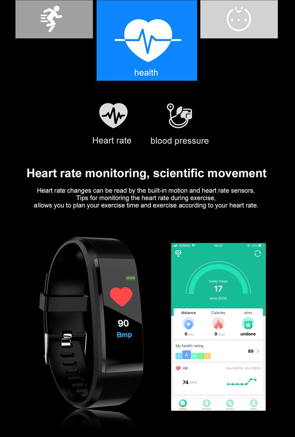 Fitness tracker with heart rate monitoring app on a black background