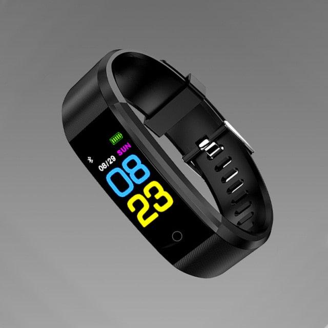 Black smartwatch with colorful display on a gray background