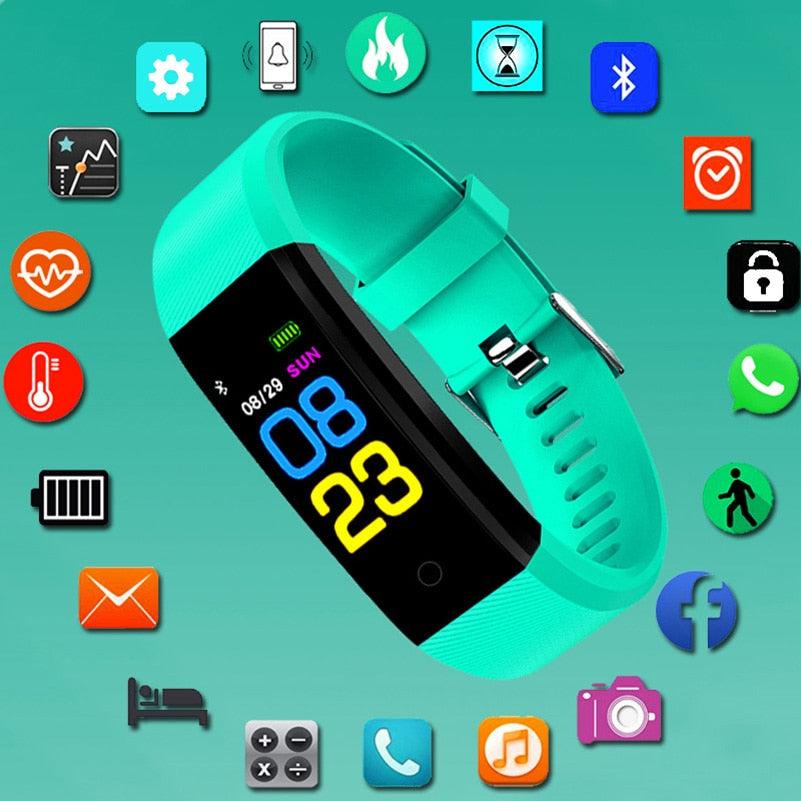 Teal smartwatch with digital display on a teal background with various icons