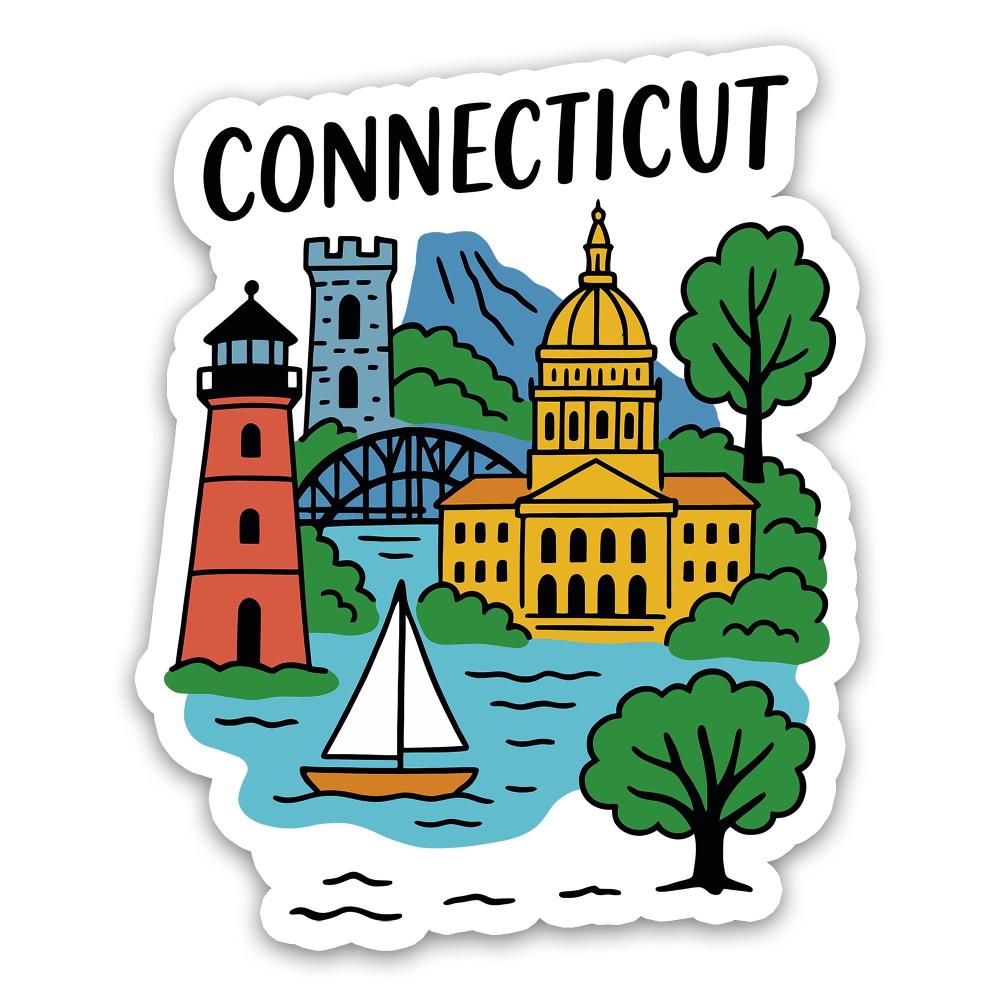 Connecticut State Icons Vinyl Sticker | The Constitution State Decal