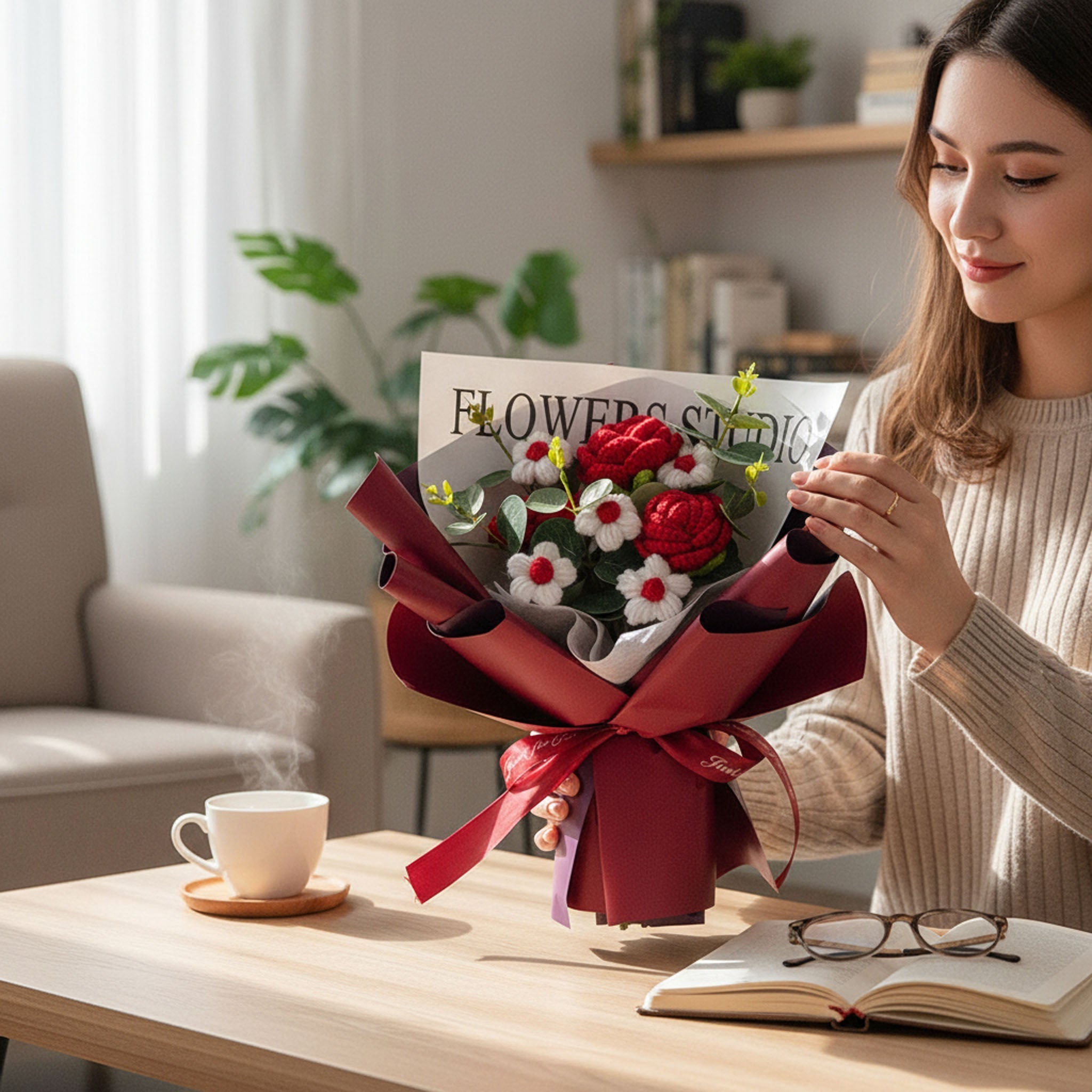 Häkel-Rosenstrauß mit LED-Licht Muttertagsgeschenk für Mama