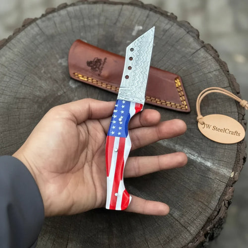 American Flag Handle Damascus Tanto Knife | JW SteelCrafts