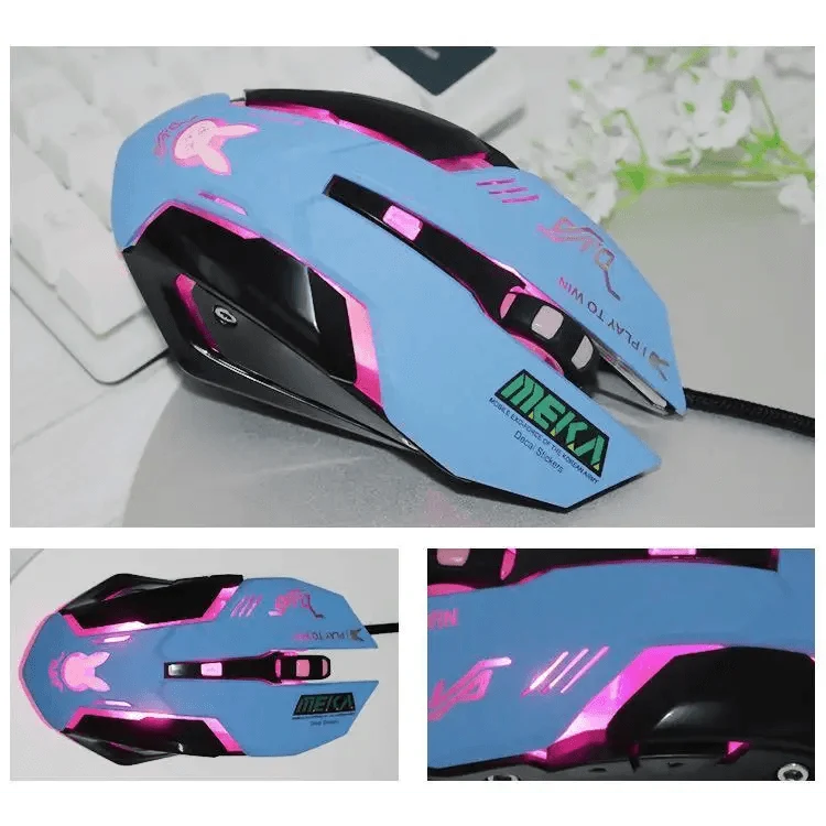 Blue and pink gaming mouse with Meka branding on a white surface.